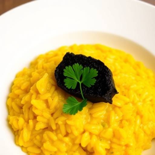 Risotto allo zafferano con tartufo nero, guarnito con prezzemolo fresco