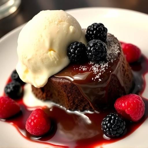 Tortino al cioccolato con cuore caldo, accompagnato da gelato alla vaniglia e frutti di bosco freschi