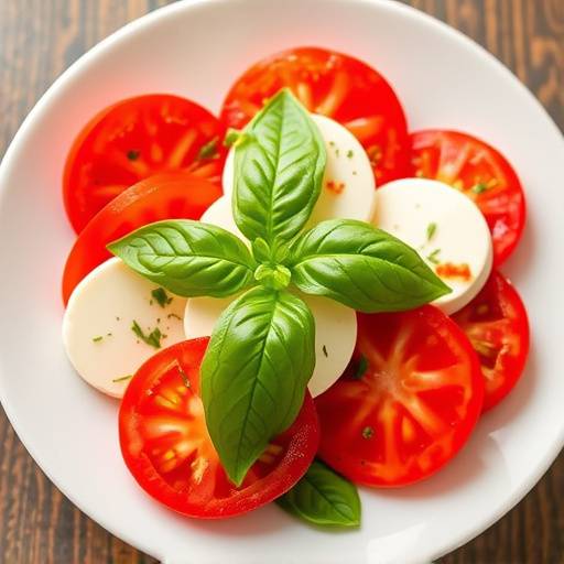 Un'insalata caprese con pomodori rossi, mozzarella bianca e basilico verde, condita con olio extra vergine d'oliva