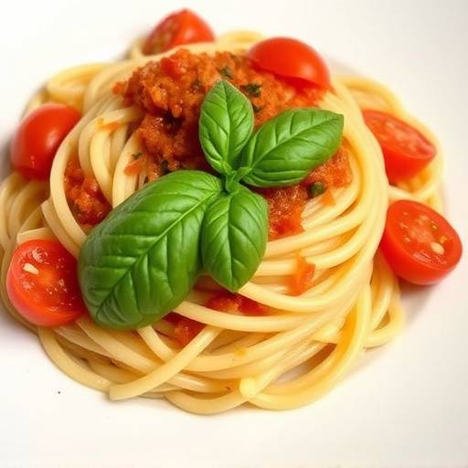 Un piatto di pasta con pomodoro e basilico, che rappresenta la cucina italiana.