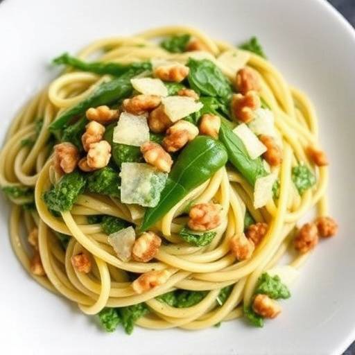 Un piatto di pasta condito con pesto di rucola e noci, guarnito con scaglie di parmigiano