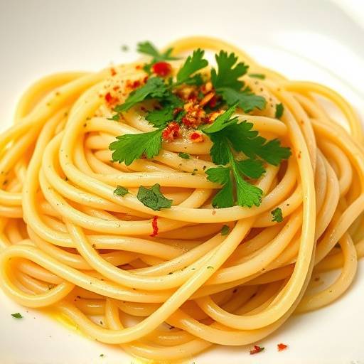 Un piatto fumante di spaghetti aglio e olio, condito con prezzemolo fresco e peperoncino