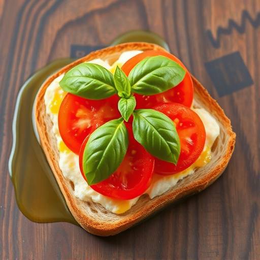 Una fetta di pane tostato con pomodori freschi, basilico e un filo d'olio extra vergine d'oliva