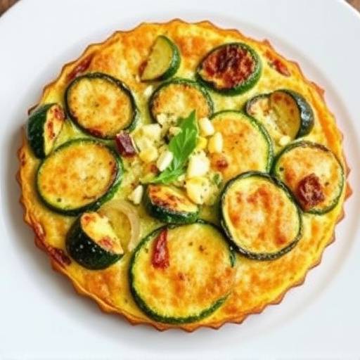 Una frittata rotonda con zucchine e cipolle, servita in un piatto bianco